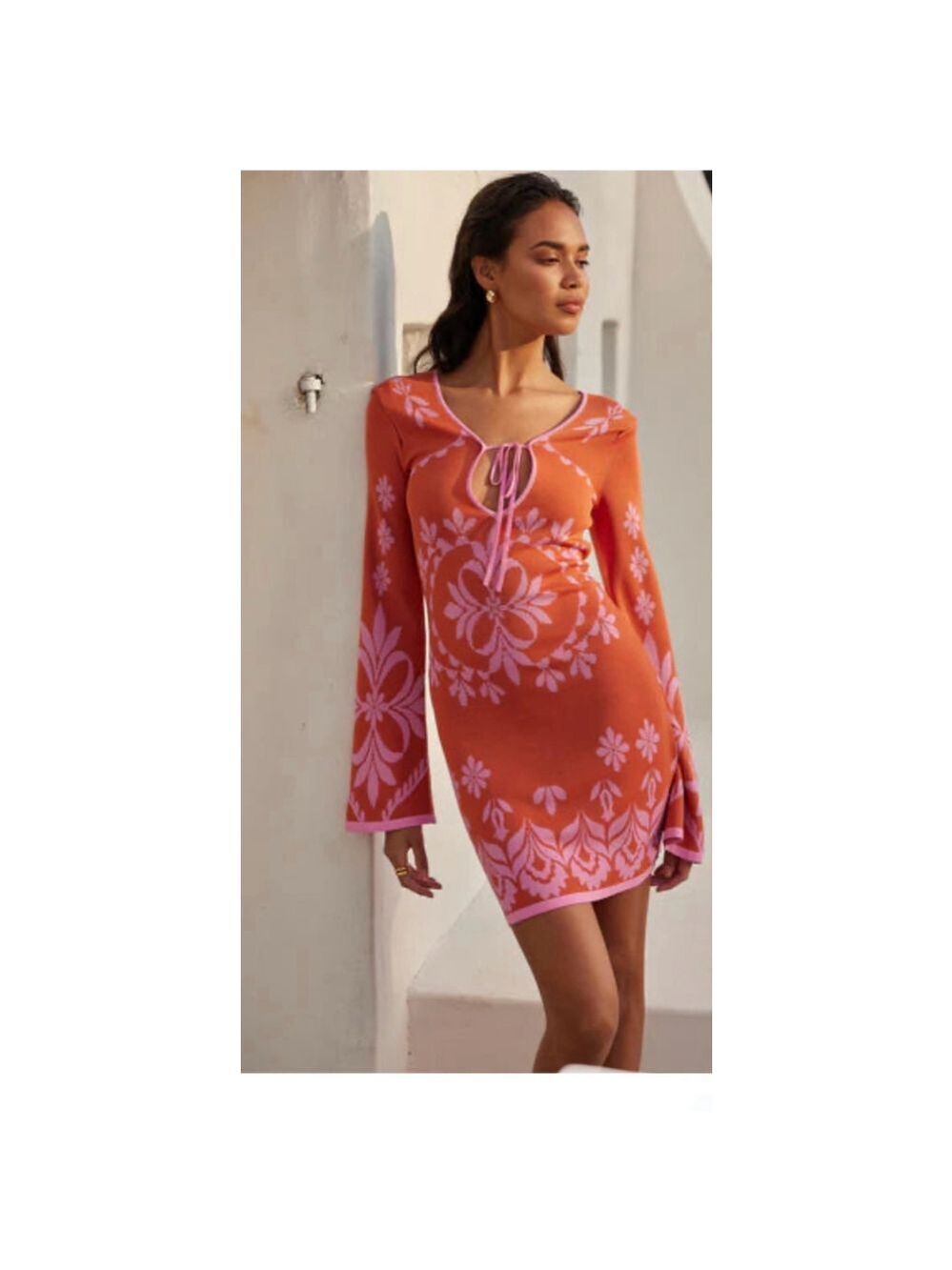 MISA Los Angeles Sahar Pink & Rust Floral Knit Mini Dress Size Medium